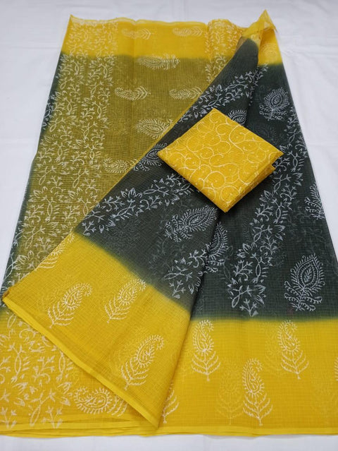 Kota Doria Pure Cotton Hand Block Printed Yellow Black Color Saree - Trend In Need