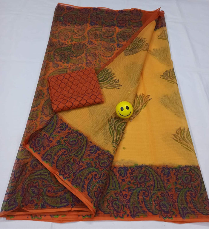 Block Printed Pure Cotton Kota Doria Saree - Orange Colour