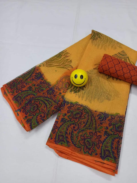 Kota Doria Pure Cotton Hand Block Printed Yellow Orange Color Saree - Trend In Need