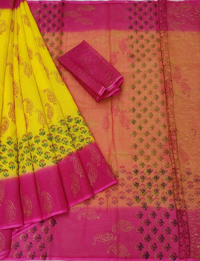 Hand Block Printed Pure Cotton Kota Double Color Saree - Pink & Yellow Color