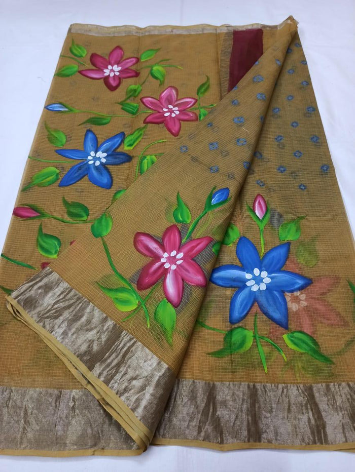 Kota Doria Pure Cotton Hand Painted Saree - Beige Color