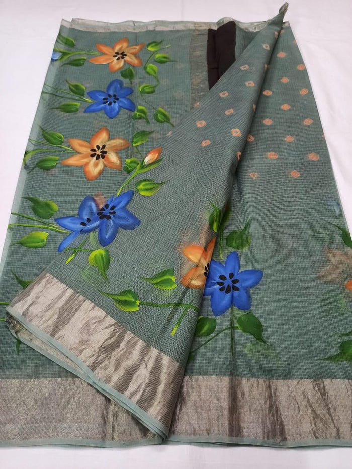 Kota Doria Pure Cotton Hand Painted Saree - Beige Colour