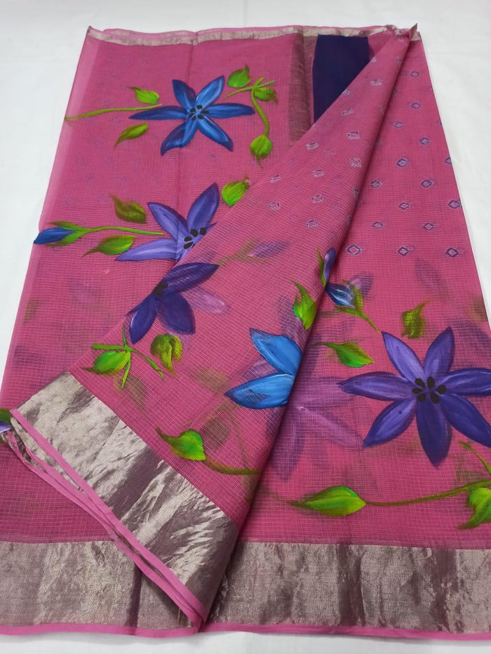 Kota Doria Pure Cotton Hand Painted Saree - Pink Color