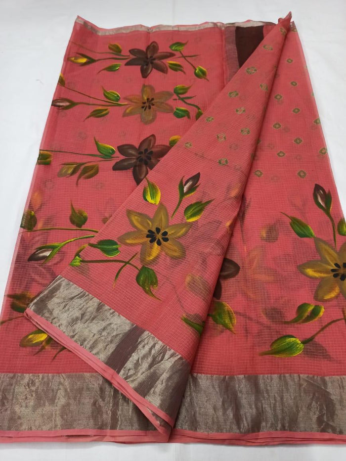 Kota Doria Pure Cotton Hand Painted Saree - Pink