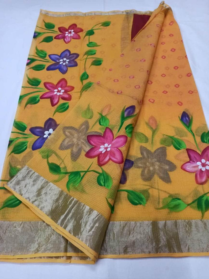 Kota Doria Pure Cotton Hand Painted Saree - Yellow Color
