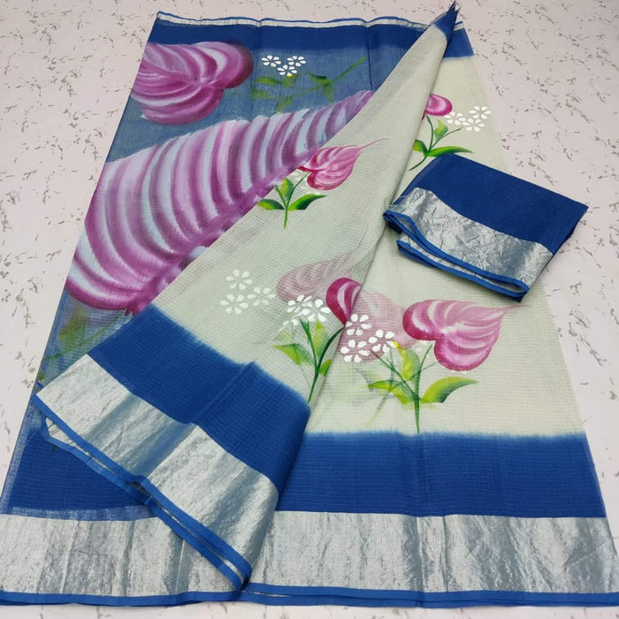 Pure Cotton Hand Painted Kota Doria Saree - Blue Color