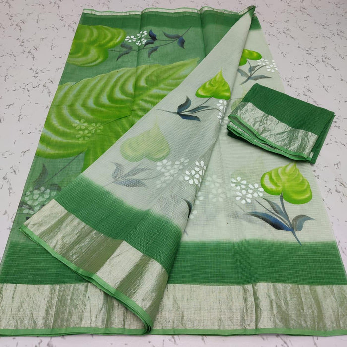Pure Cotton Hand Painted Kota Doria Saree - Green Color