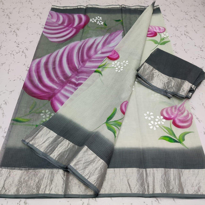Pure Cotton Hand Painted Kota Doria Saree - Grey Color