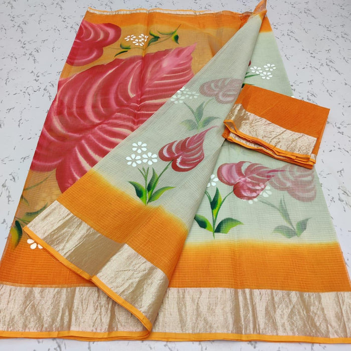 Pure Cotton Hand Painted Kota Doria Saree - Orange Color
