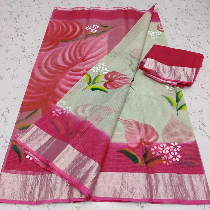 Pure Cotton Hand Painted Kota Doria Saree - Pink Color