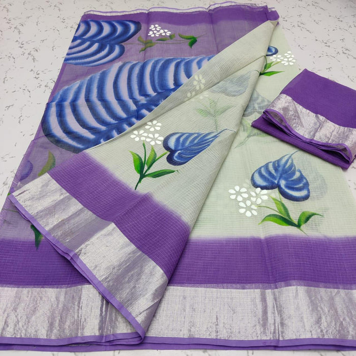 Pure Cotton Hand Painted Kota Doria Saree - Purple Color