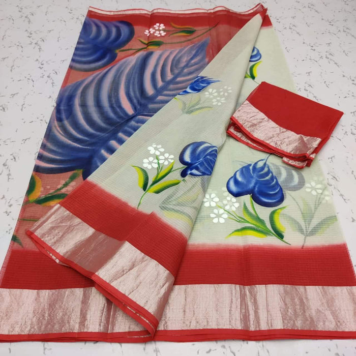 Pure Cotton Hand Painted Kota Doria Saree - Red Color