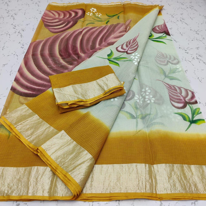 Pure Cotton Hand Painted Kota Doria Saree - Yellow Color