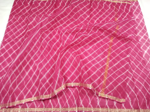 Kota Doria Pure Cotton Leheriya Print Pink Color Saree - Trend In Need