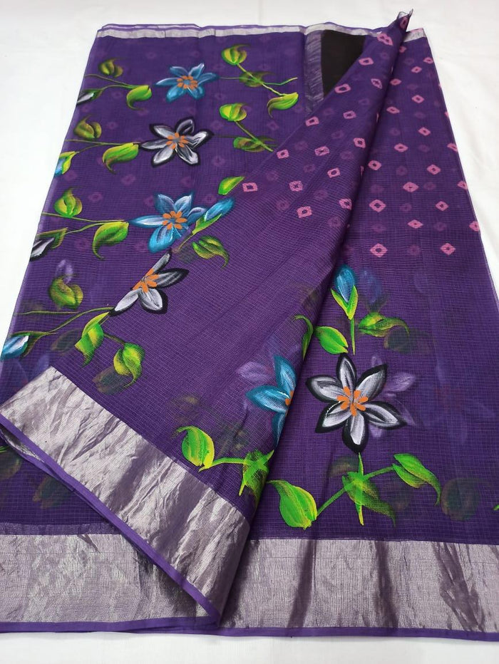 Kota Doria Pure Cotton Hand Painted Saree - Purple Color