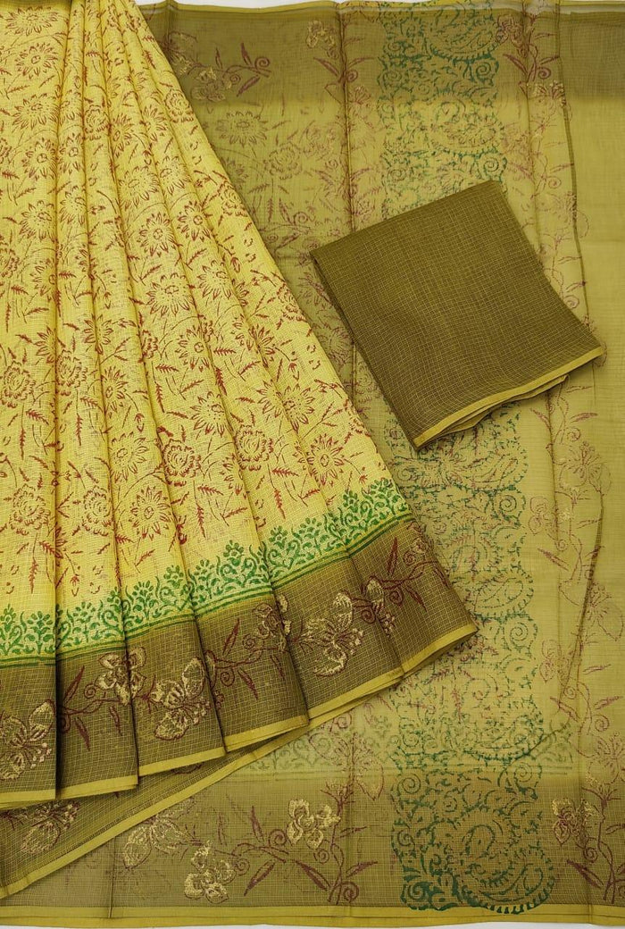 Hand Block Printed Pure Cotton Kota Double Color Saree - Yellow & Green Color