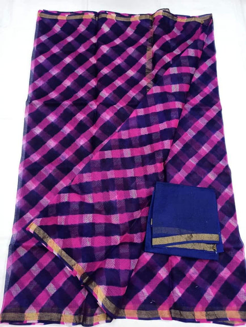 Kota Doria Pure Silk Blue Color Saree - Trend In Need
