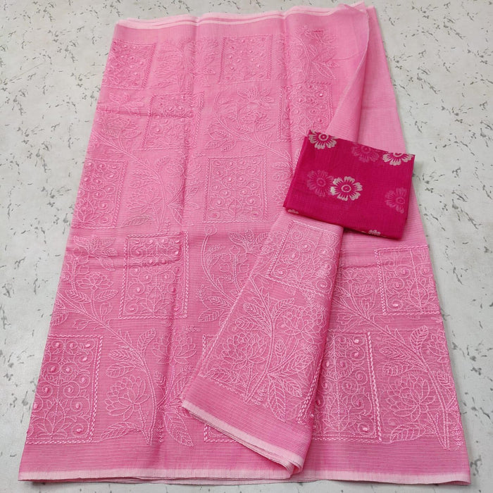 Machine Embroidered Pink Color Kota Doria Cotton Saree