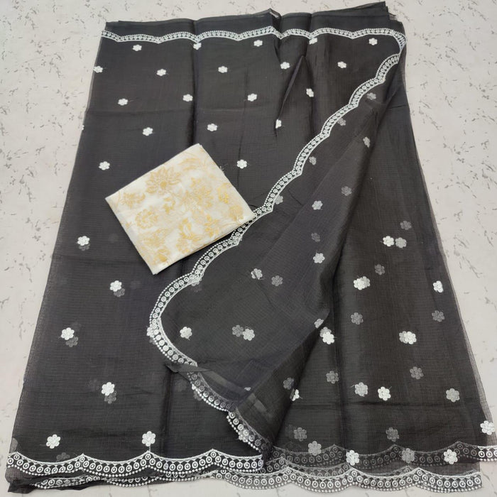Kota Doria Embroidered Designer Saree - Black Color