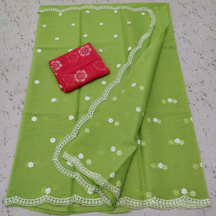 Kota Doria Embroidered Designer Saree - Green Color