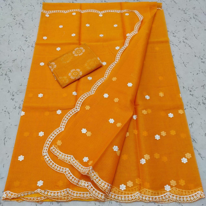 Kota Doria Embroidered Designer Saree - Orange Color