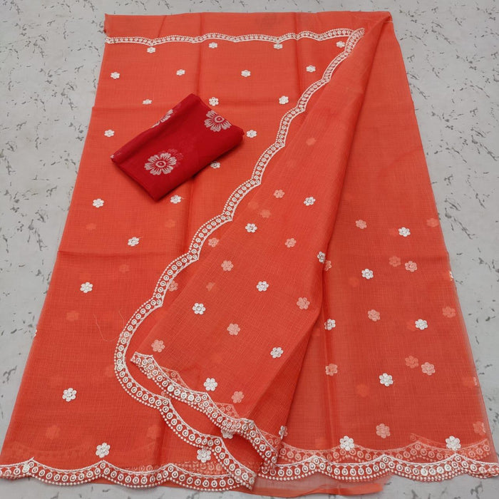 Kota Doria Embroidered Designer Saree - Peach Color