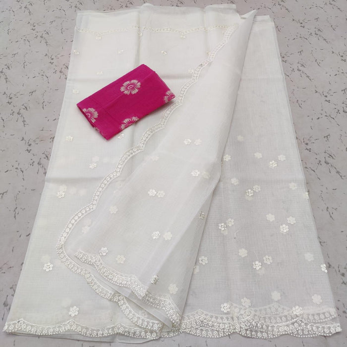 Kota Doria Embroidered Designer Saree - White Color