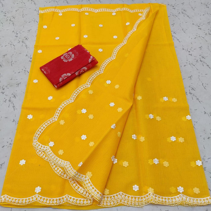 Kota Doria Embroidered Designer Saree - Yellow Color