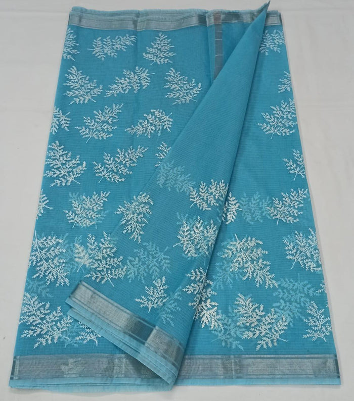 Machine Embroidred Work Blue Color Kota Doria Cotton Saree