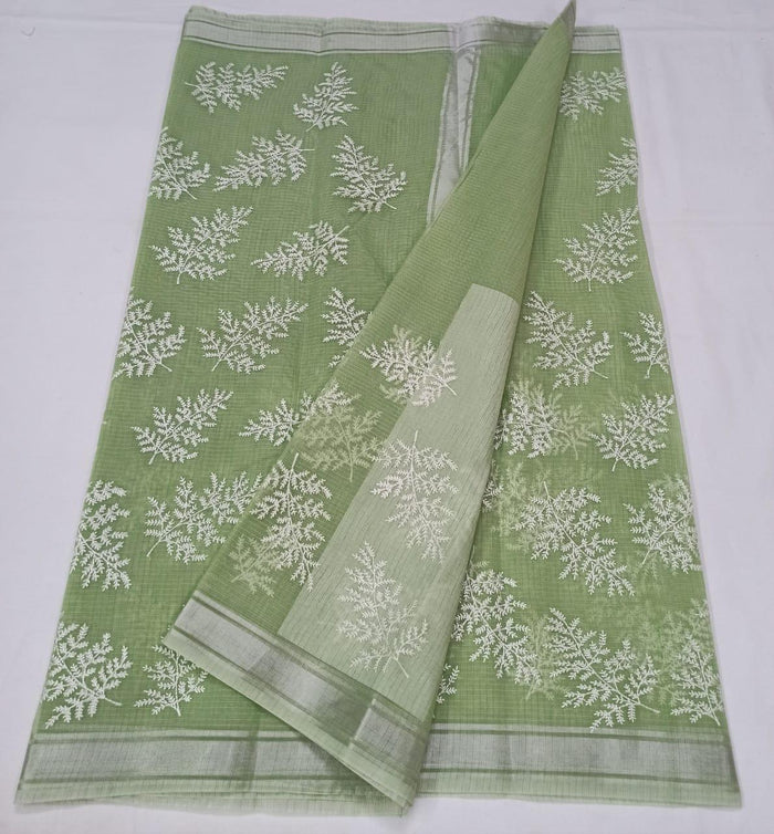 Machine Embroidred Work Green Color Kota Doria Cotton Saree