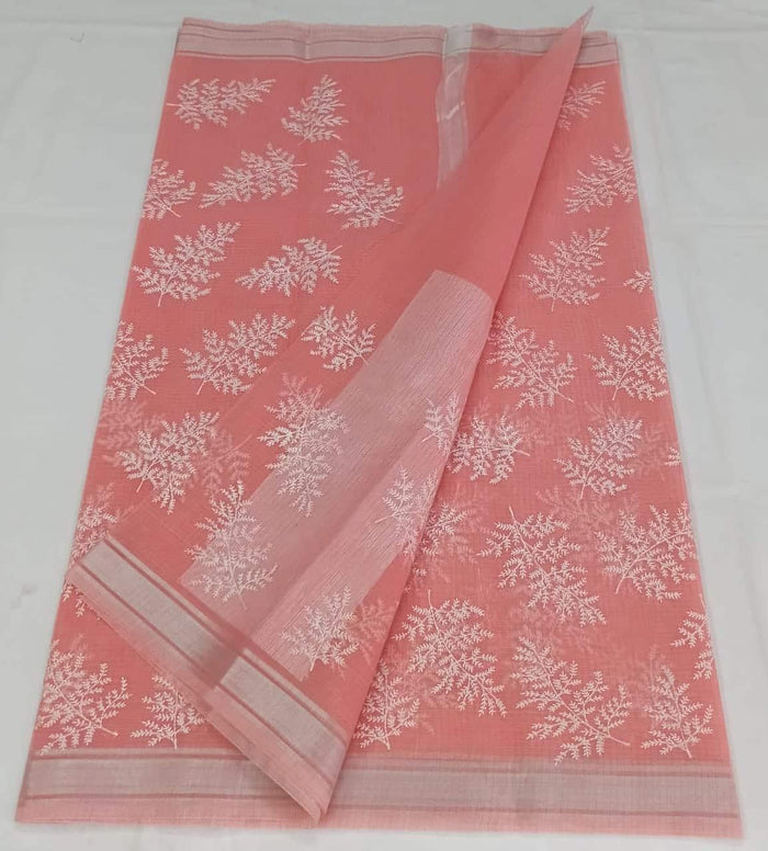 Machine Embroidred Work Kota Doria Cotton Saree - Pink