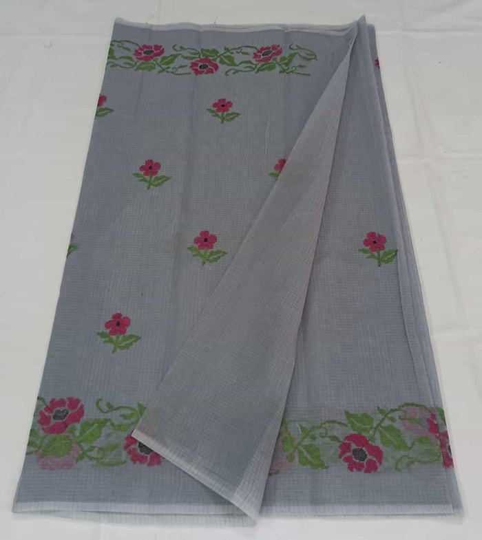 Kota Doria Cotton Saree With Machine Embroidery - Grey Colour