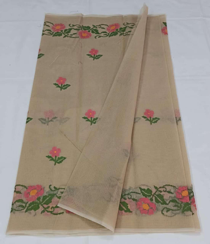 Kota Doria Cotton Saree With Machine Embroidery - Beige Colour