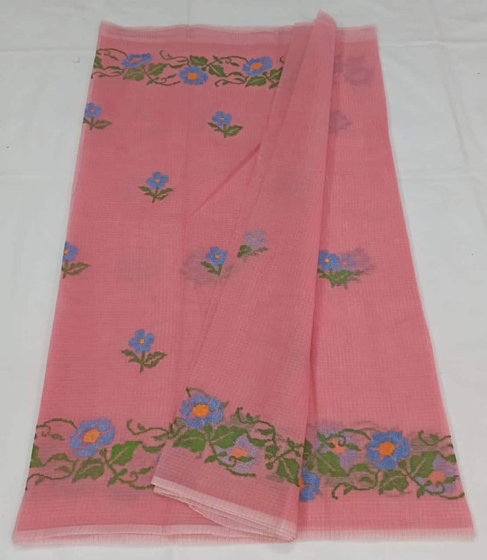Kota Doria Cotton Saree With Machine Embroidery - Pink Colour