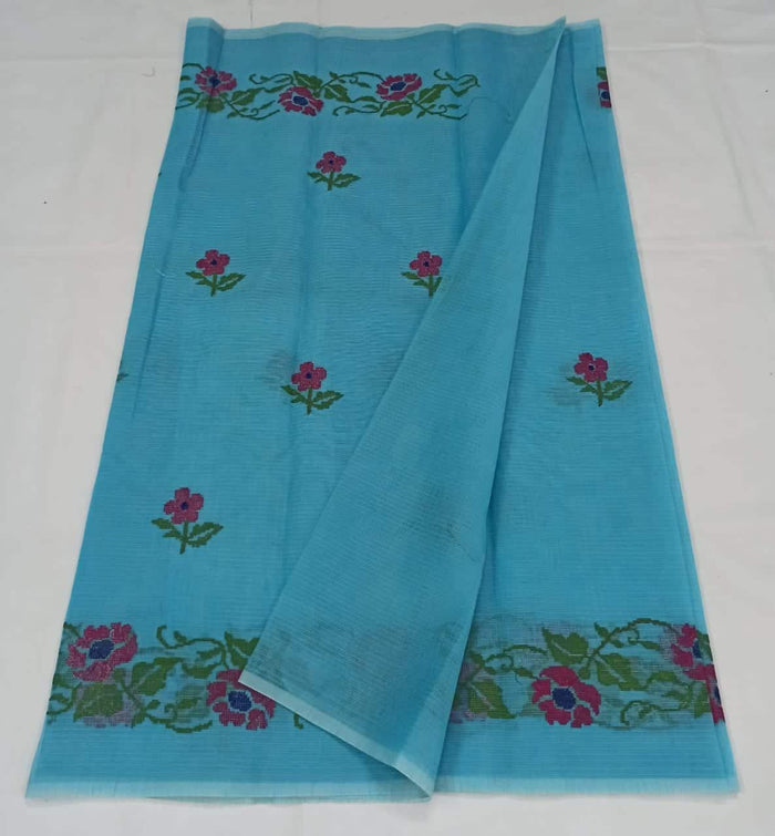 Kota Doria Cotton Saree With Machine Embroidery - Blue Colour