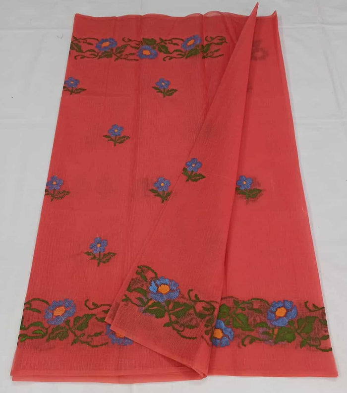 Kota Doria Cotton Saree With Machine Embroidery - Red Colour