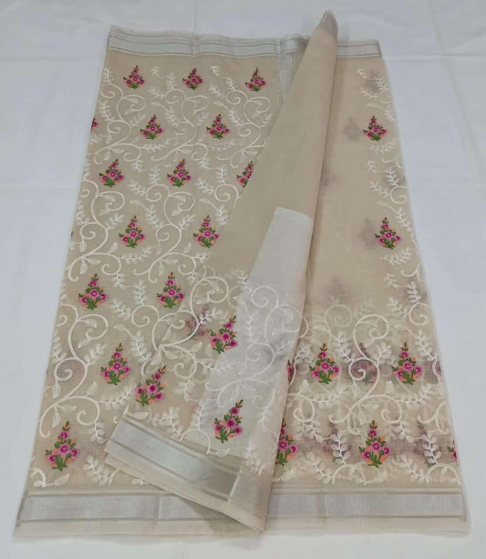 Machine Embroidred Work Kota Doria Cotton Saree - Beige