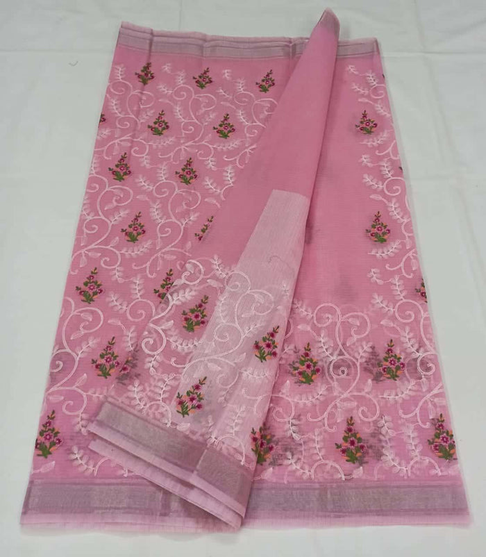 Machine Embroidred Work Kota Doria Cotton Saree - Pink Colur