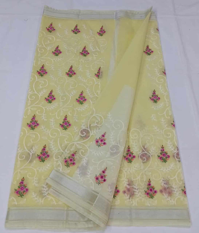 Machine Embroidred Work Kota Doria Cotton Saree - Yellow