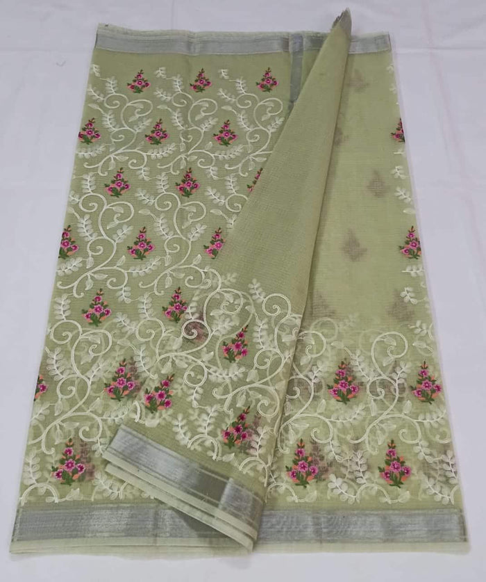 Machine Embroidred Work Kota Doria Cotton Saree - Green