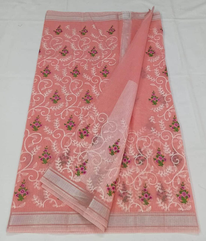 Machine Embroidred Work Kota Doria Cotton Saree - Pink Color