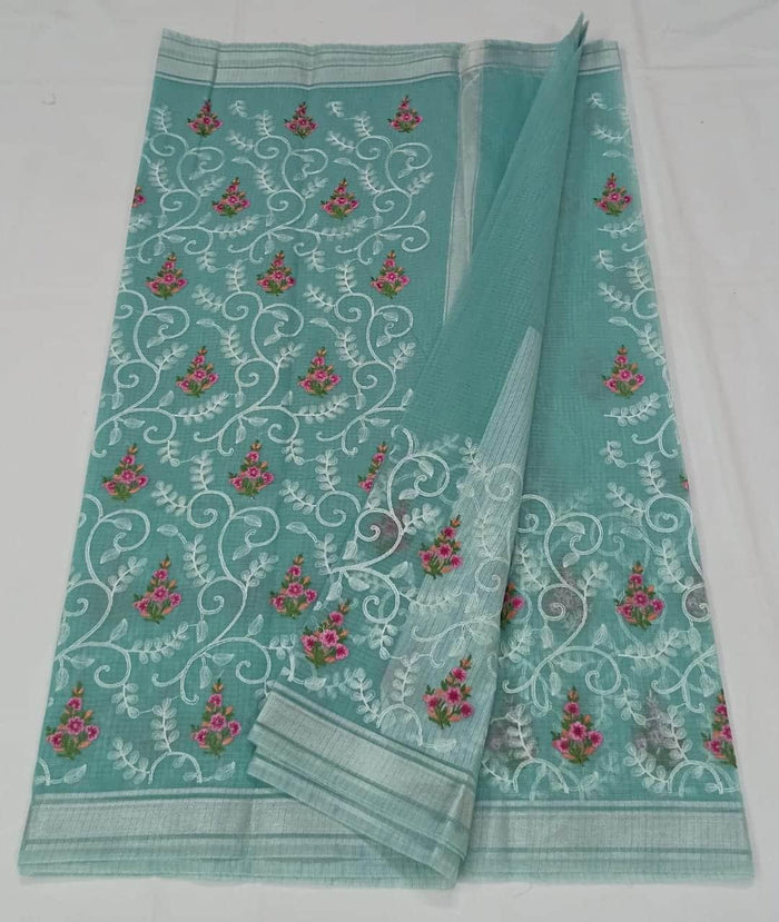 Machine Embroidred Work Kota Doria Cotton Saree - Sea Blue