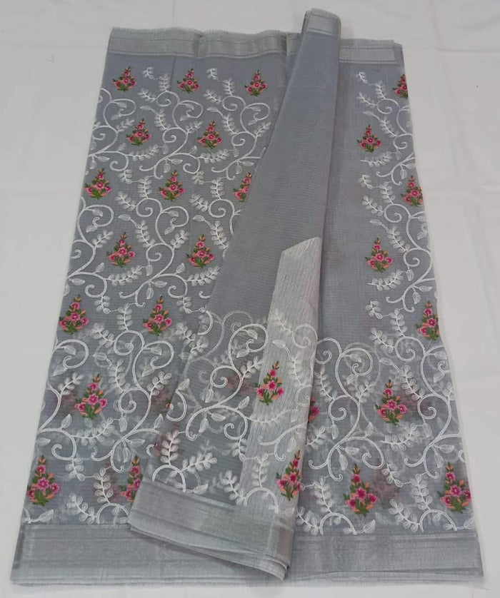 Machine Embroidred Work Kota Doria Cotton Saree - Grey