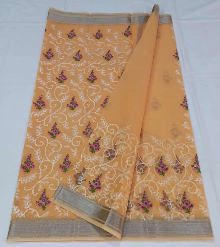 Machine Embroidred Work Kota Doria Cotton Saree - Peach Color