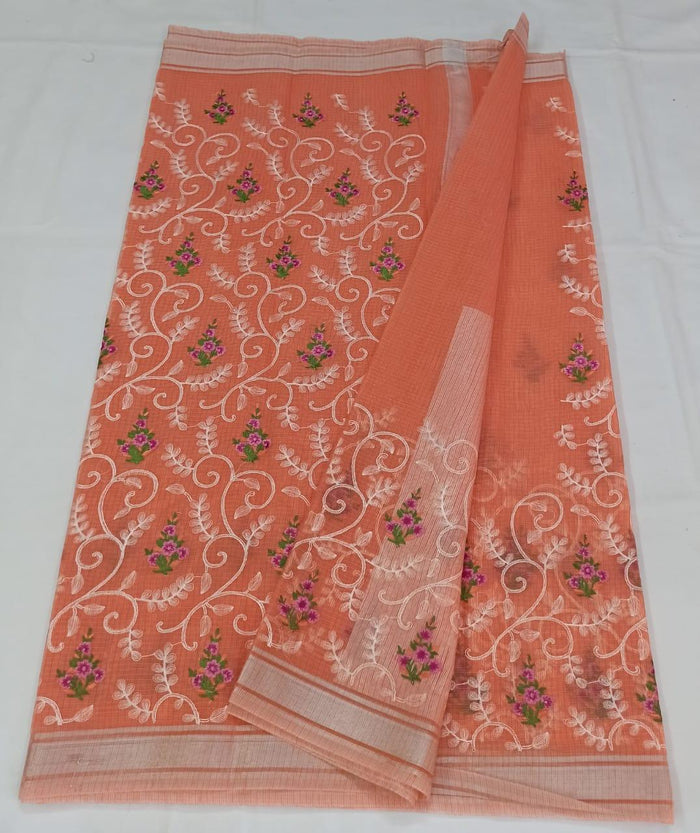 Machine Embroidred Work Kota Doria Cotton Saree - Peach