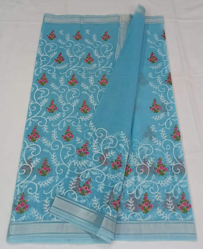 Machine Embroidred Work Kota Doria Cotton Saree - Blue