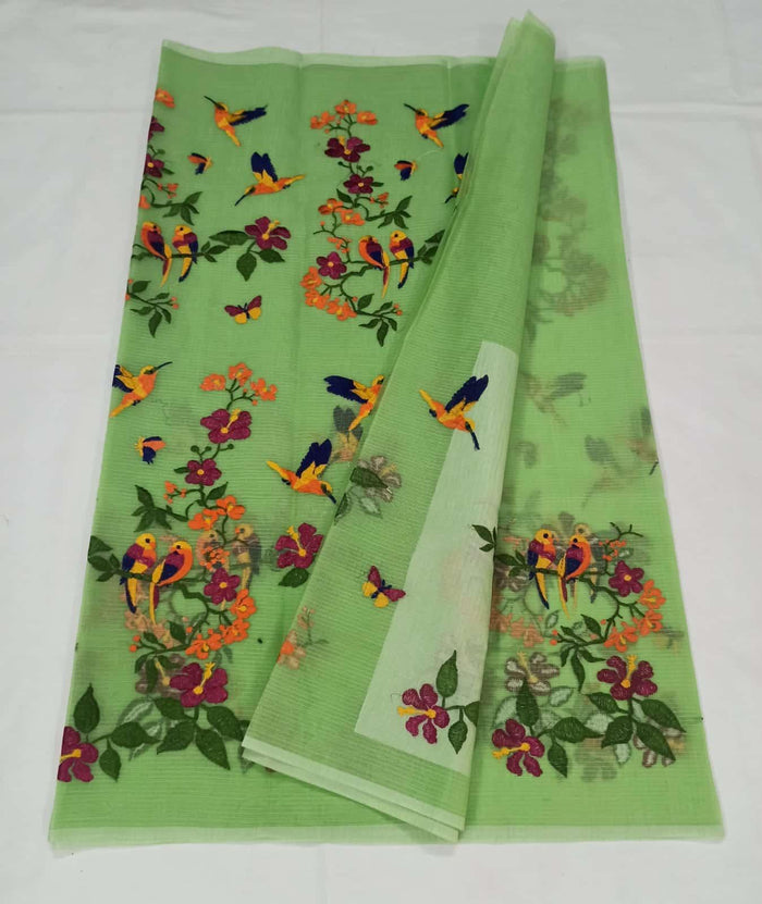 Kota Doria Cotton Saree With Embroidery - Green