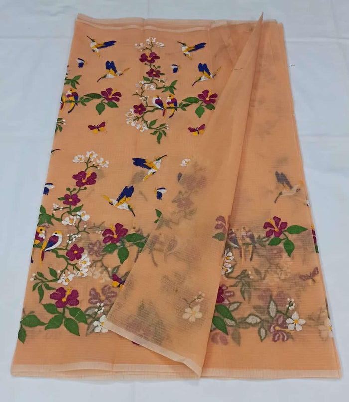 Kota Doria Cotton Saree With Embroidery - Peach