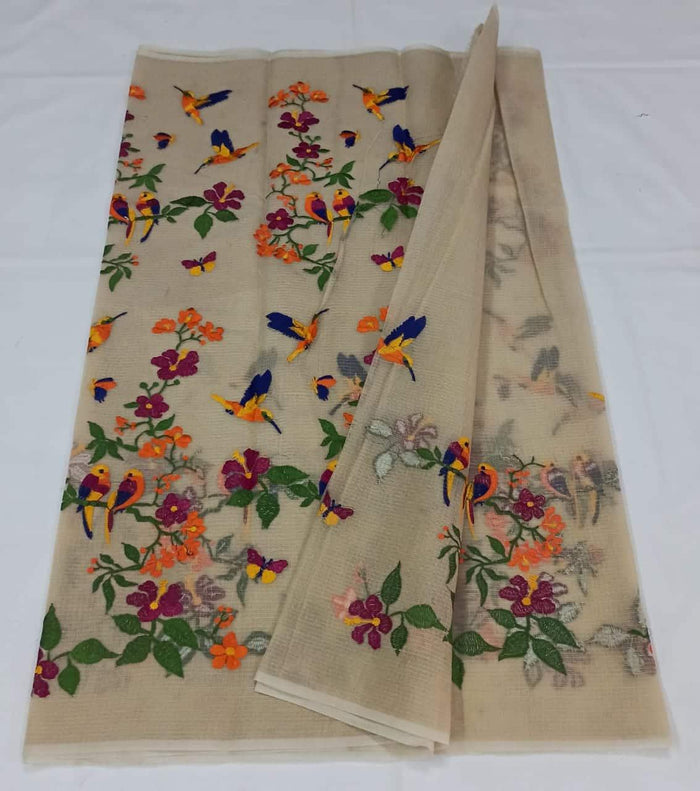 Kota Doria Cotton Saree With Embroidery - Beige