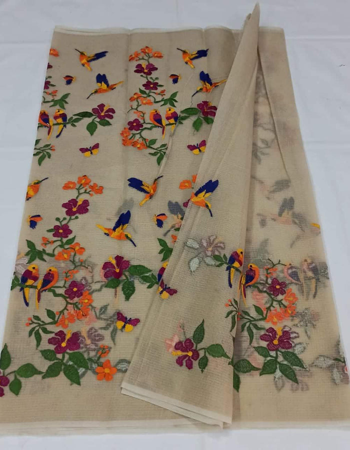 Kota Doria Cotton Saree with Embroidery - Beige, featuring lightweight khat check fabric and intricate thread embroidery, perfect for festivals and weddings